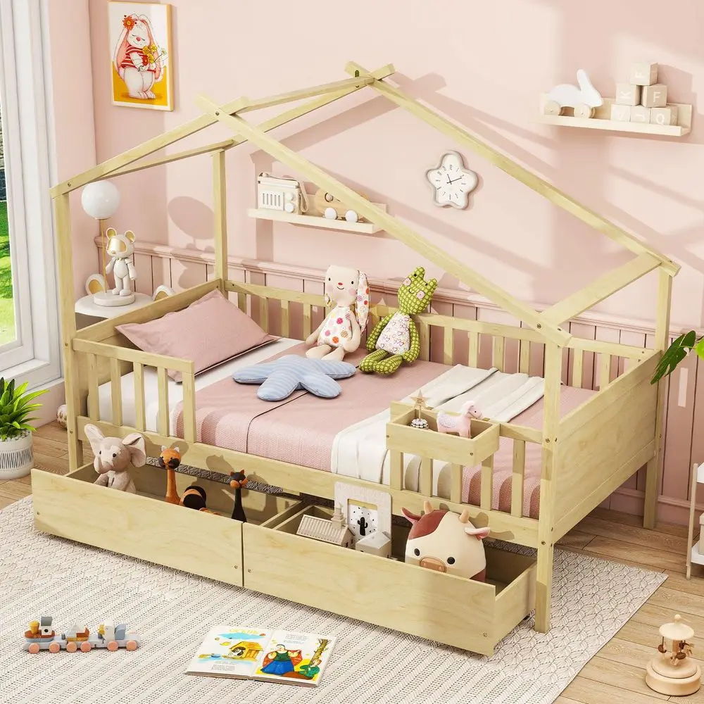 

Twin House Bed with Drawers, Wooden Twin Bed Frame with Cube Storage amp Fence Rails, Montessori Beds for Kids Boys, Girls, Bed
