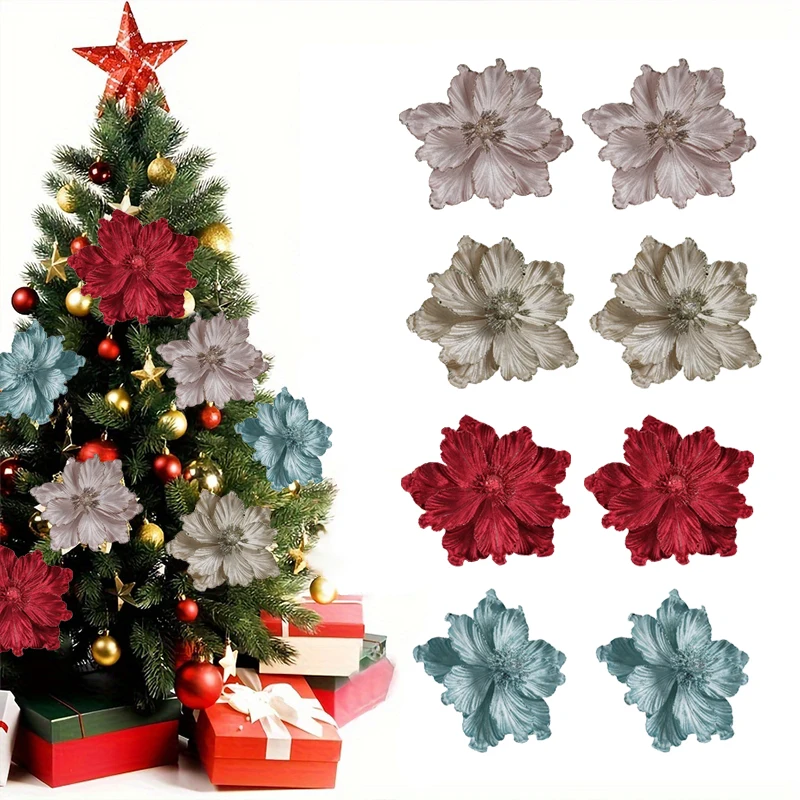 Christmas Glitter Flower Xmas Tree Hanging Artificial Flowers Fake Magnolia For New Year Ornaments Wedding Party Decoration