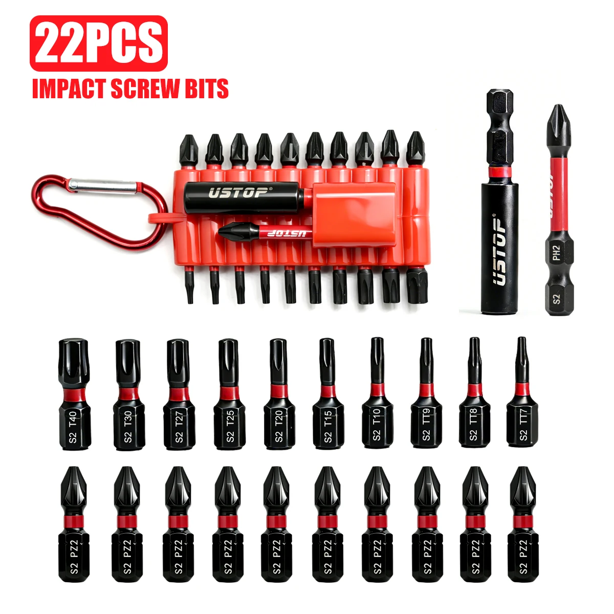 Juego de puntas de destornillador universales Torx + Pz Phillips + Ph Cross de 22 piezas, acero S2 tratado térmicamente con amortiguación de torsión magnética, incluye versiones larga y corta, portátil con gancho para colgar, accesorios para taladro eléctrico de impacto