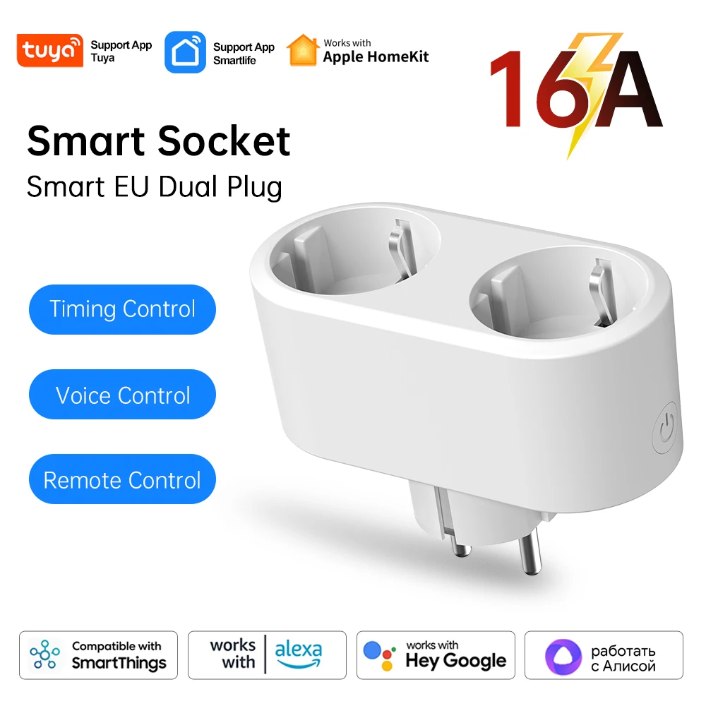 HomeKit Smart Wifi Dual Plug 16A EU 2 in 1 Socket Outlet Switch Smart Home Timing APP Voice Control Work with Alexa Google Home