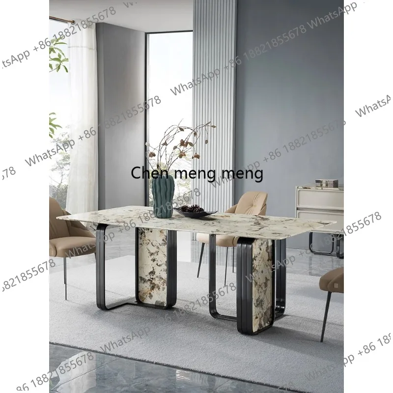 Q178 Italian minimalist natural marble long dining table modern high-end luxury stone villa home dining table