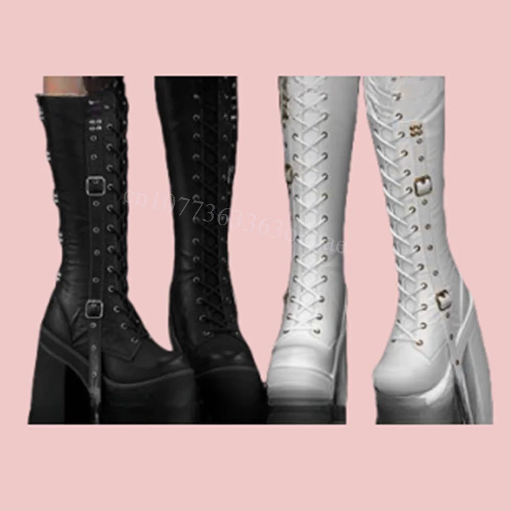 

Buckle Belt Decor Mid Calf Boots Muffin Bottom Shoes for Women Cross Tied Chunky High Heels Punk Shoes 2025 Zapatos Para Mujere