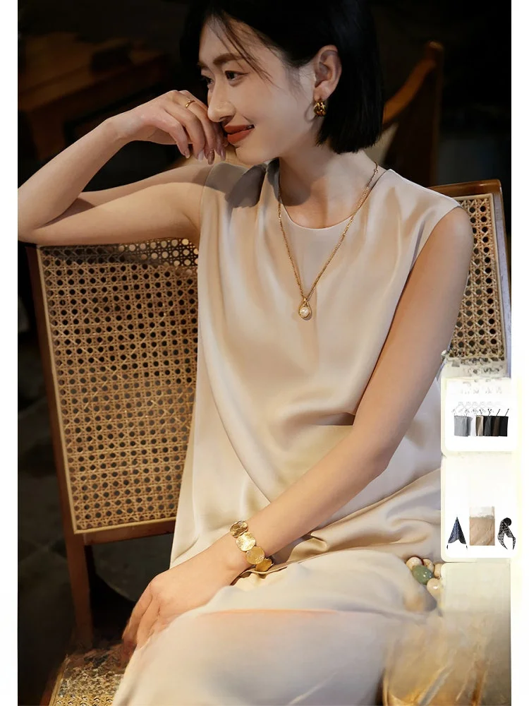 

Ele Silent Sle Silk One-Piece Tailored Women's irt Elastic Heavyweight No-Sve round Ne Casual Summer Faion