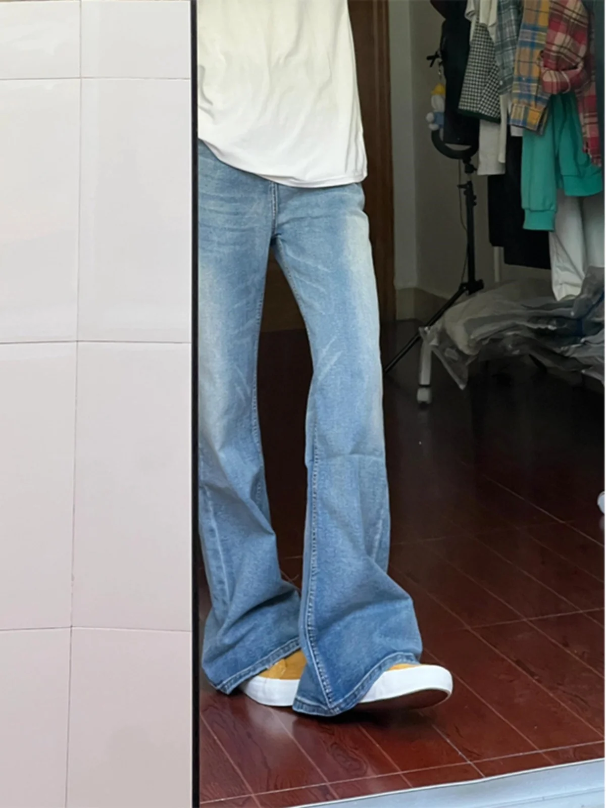 

Cleanfit Men's Light Blue Waed Denim Jeans American Retro Flared Straight Leg Pants Trendy And Haome High-End Feeling