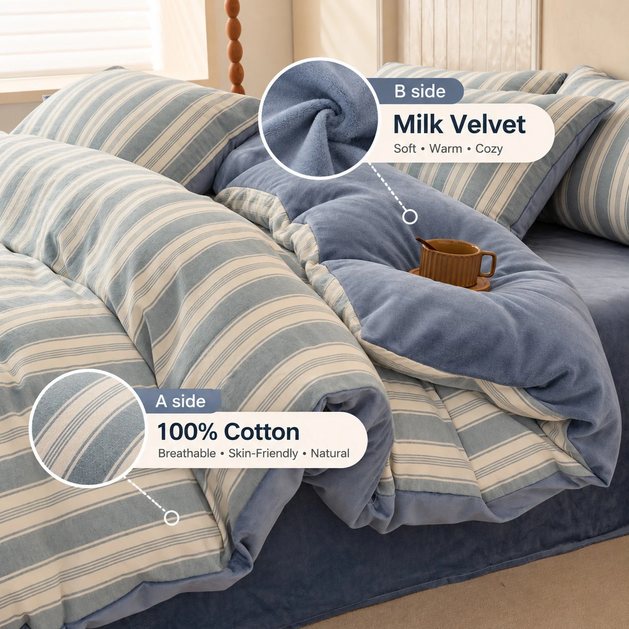 Striped 100% Cotton Duvet Cover Queen Skin Friendly Soft Plush Comforter Cover Double Sided Use Autumn Winter Quilt Cover Set