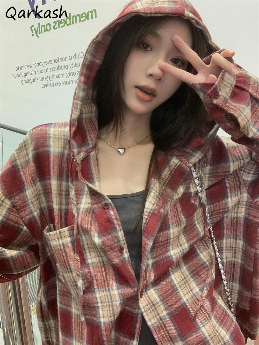 Hooded Shirts Women Vintage Plaid Long Sleeve Coats Korean Style Casual Loose Side Slit Design Outerwear Spring Autumn Chic Ins