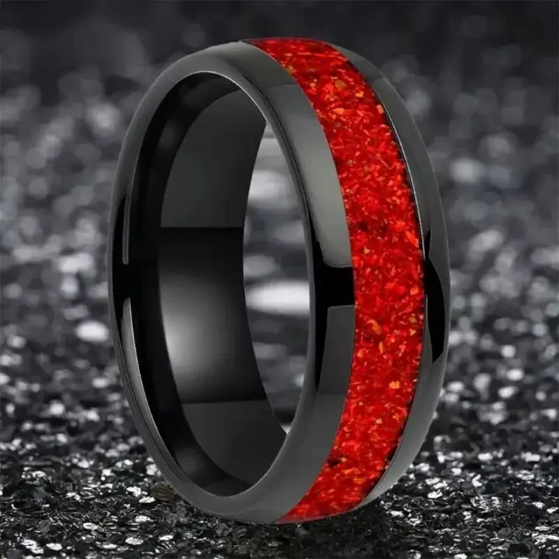 Ruby Red and Black Tungsten Wedding Band, 8Mm Mens Ring, Crushed Red German Glass Stones Polished Unique Band