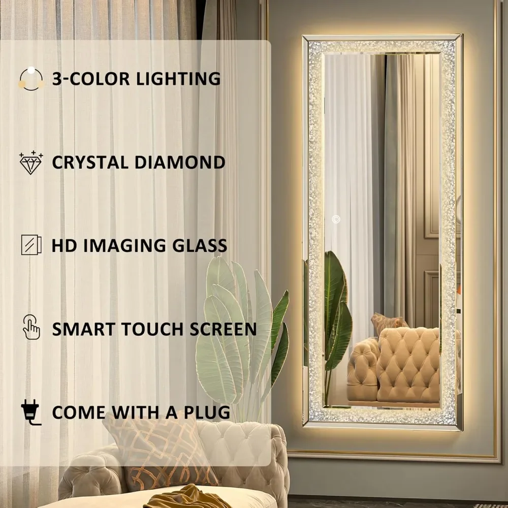 Crystal Full Length Mirror with Lights LED Mirror Full Length 3 Color Modes Light Up Large Full Body Mirror for Bedroom Bathroom