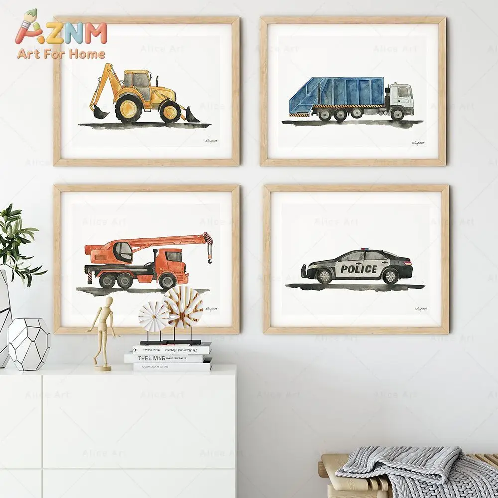 AZNM Watercolor Construction Truck Canvas Wall Art Tractor Fire Engine Excavator Vehicle Print Frameless Canvas Painting Boys Ro