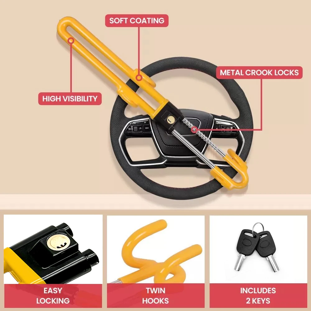قفل عجلة القيادة مضاد للسرقة، جهاز سيارة آمن عالي التحمل، مشبك بطول قابل للتعديل، أقفال خطافية مزدوجة، مقاس عالمي (أصفر)