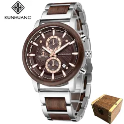 kunhuang Handmade Wooden Watch Mens Watches Top Brand Luxury relogio masculino Date Display Chronograph Sport Wooden Clock Gift