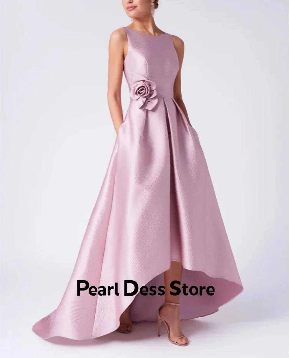 2024 Women's Satin Flower Party Dress Elegant Evening Dress High and Low Jewel Formal Birthday Dress