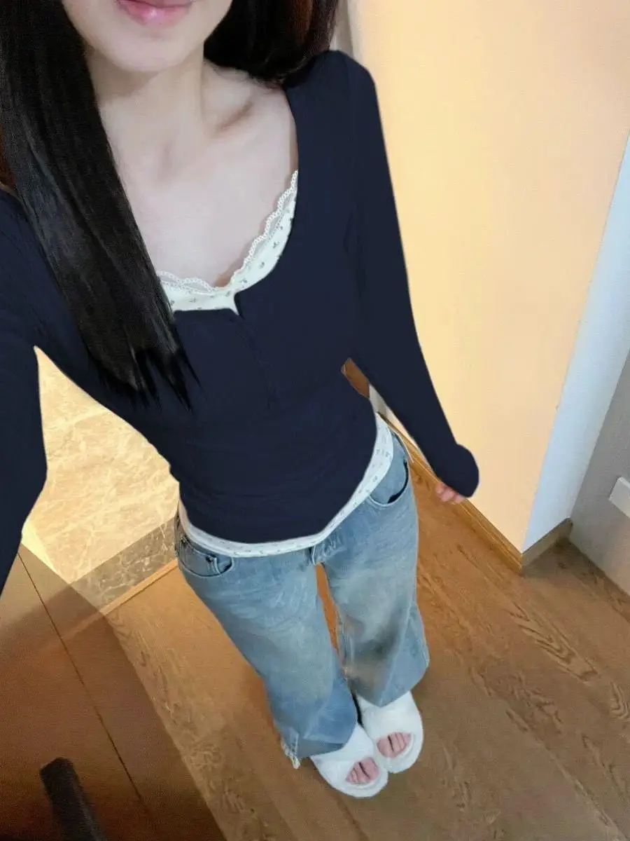 Women's Slim Fit Long Sleeve T-Shirt Inner Wear Base Layer Shirt Floral Patchwork Waist Cinched Shoulder Width Regular Pure D...