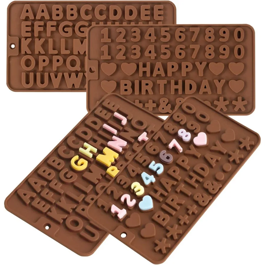 

4 PCS Silicone Chocolate Molds Silicone Letter Molds and Number Chocolate Mold with Happy Birthday Cake Decorations Symbols Can