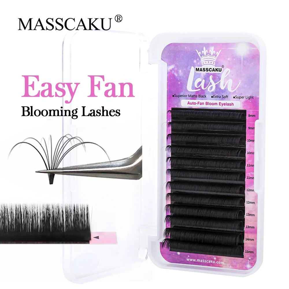 

Hot Selling 0.05/0.07/0.10mm Easy Fanning Eyelashes Matte Black Dark Volume Mega Camellia Blooming Lashes Extensions by MASSCAKU