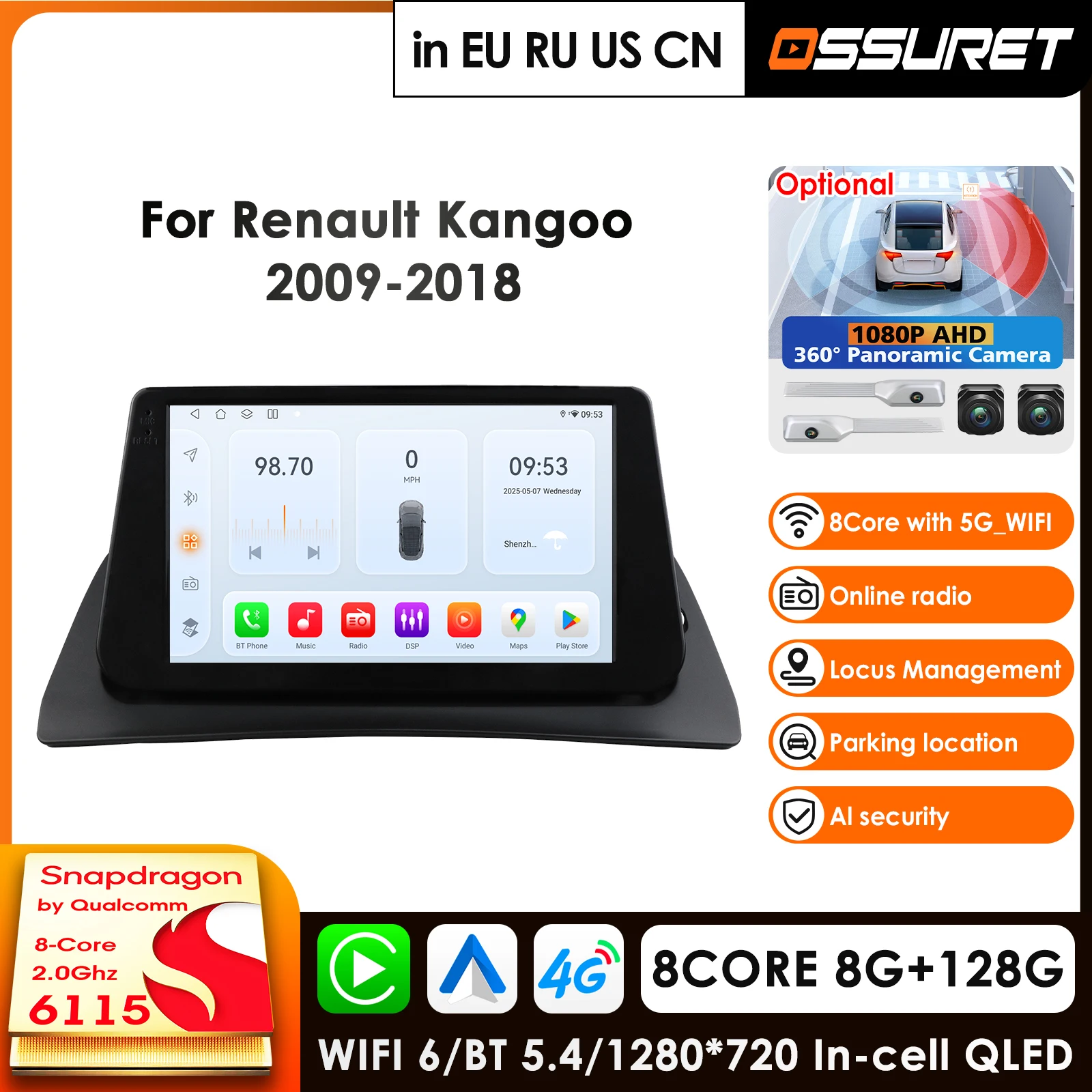 OSSURET 6115 Wireless Carplay Android 14 for Renault Kangoo 2009-2018 Car Radio Multimedia Video Player GPS Navigation Autoradio