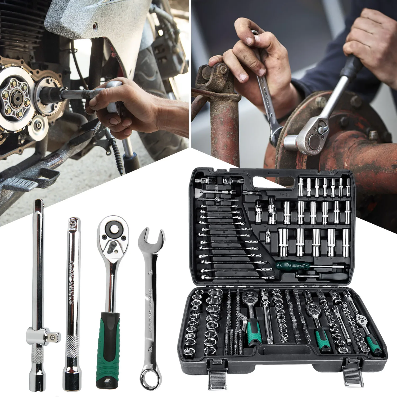 216-teiliges professionelles Kfz-Werkzeugset aus Chrom-Vanadium-Stahl mit Ratschenschlüssel und Steckschlüsselsatz für Autoreparatur und Hauswartung