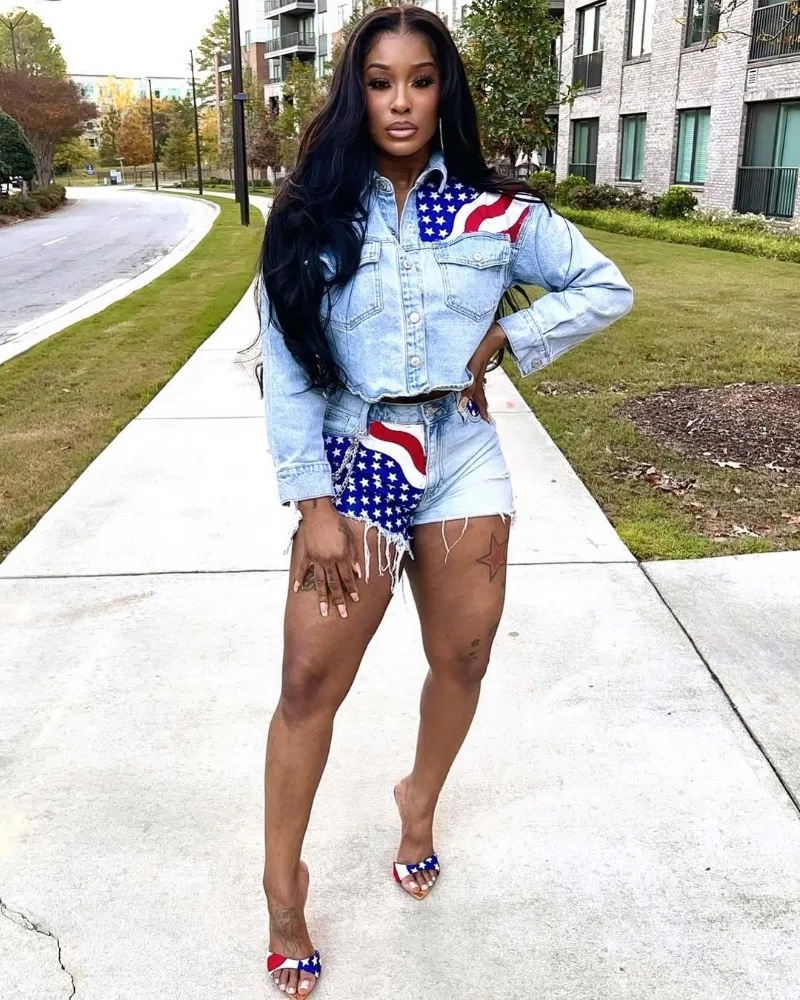 

USA Flag Patchwork Denim 2 Piece Set Women Long Sleeve Single Breasted Cropped Jackets Tops + Shorts Jeans Streetwear Suits
