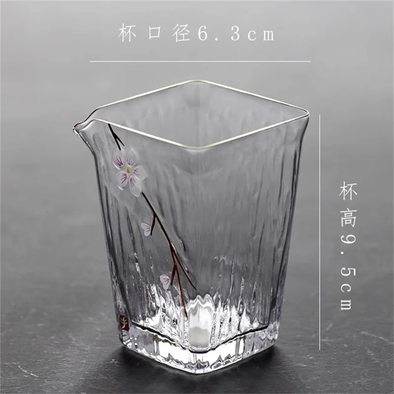 150ml Hand-painted Sakura Square Glass Pitcher Chahai, Vertical Texture Heat Resistant Glass Fair Cup, Tea Coffee Serving Jug