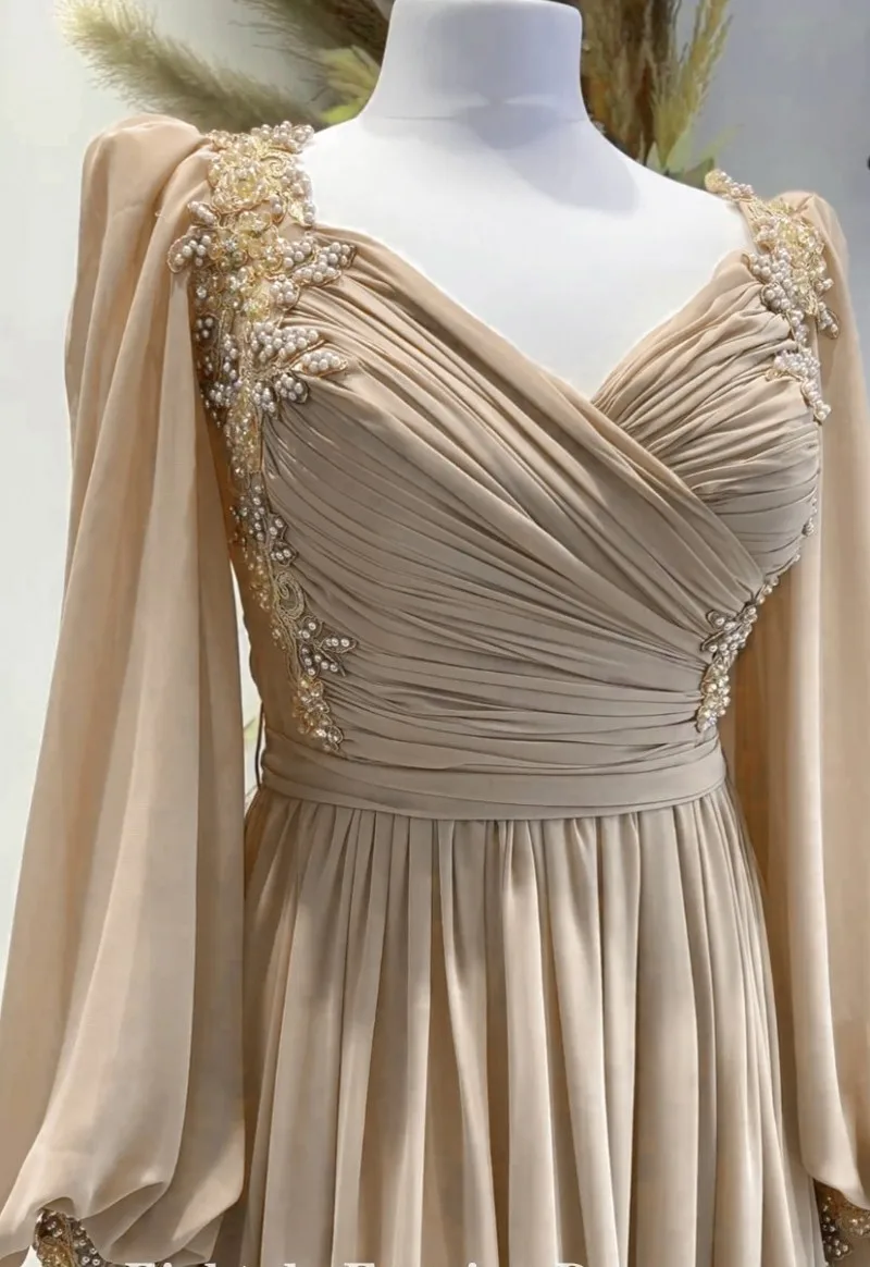 New Champagne Evening Dress V-Neck Chiffon Long Sleeves Appliques Beaded Prom Formal Gowns Customized Robe De Soiree