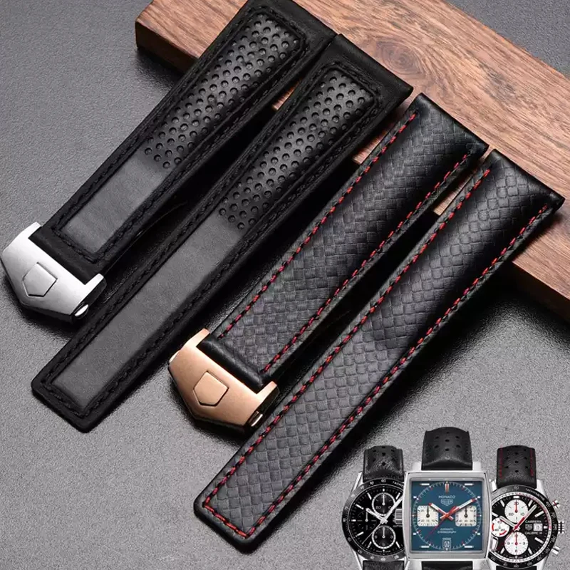 

Cowhide Watch Strap 22mm Wristband For Tag Heuer Carrera diving Monaco F1 Fiyta Tissot Watch band Red stitches Leather bracelet