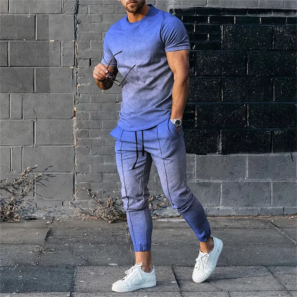 Summer Men\'s Tracksuit Set Sportwear 3d Print Stripe Short Sleeve T Shirt+long Pants 2 Piece Set Men Oversized Tracksuit Clothes