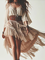 Women's Boho Dress Cold Shoulder V Neck Lace Fringe Ethnic Chic Elegant Irregular Hem Indie Folk Sweet Midi Dress for Summer