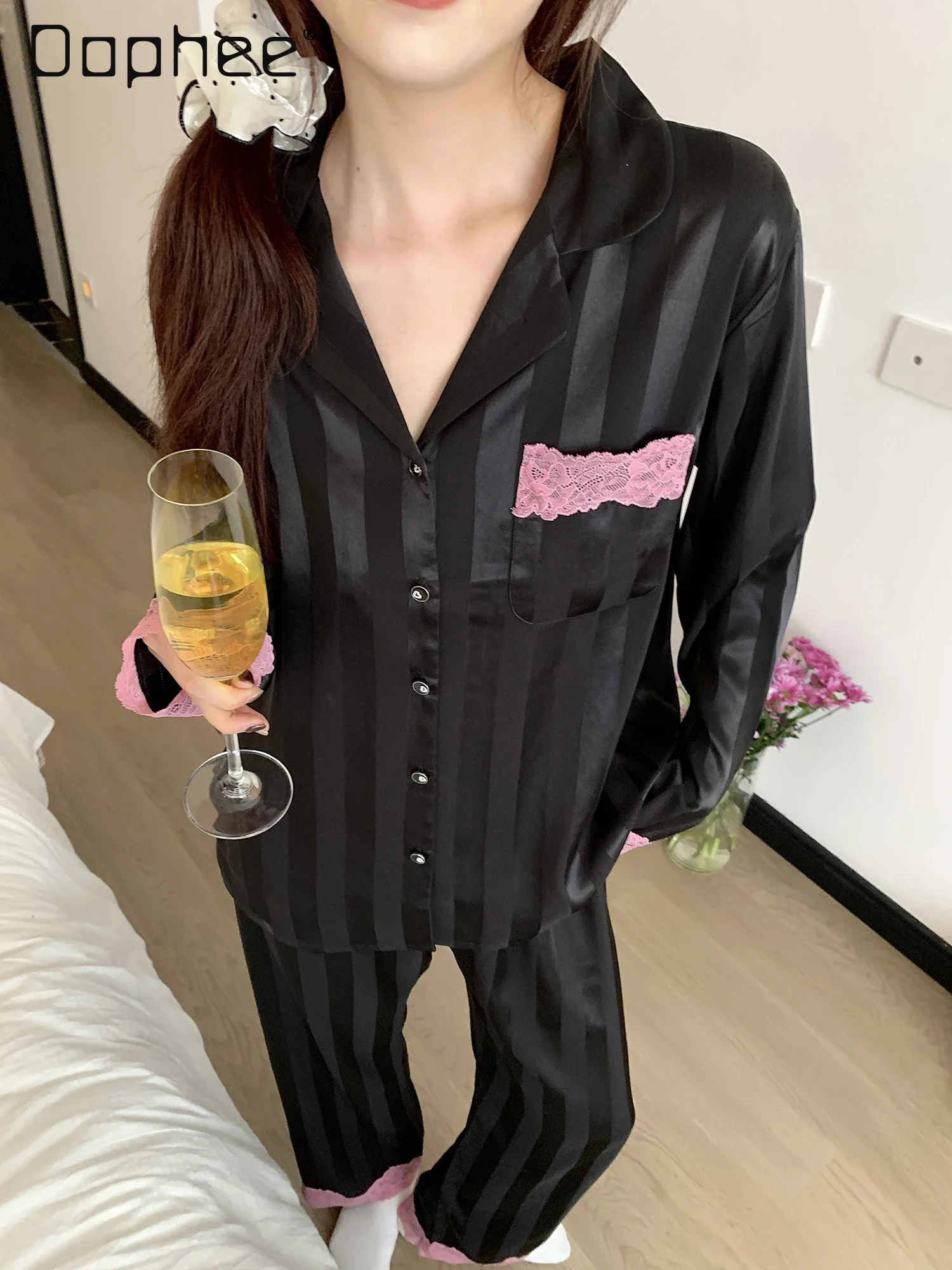 Large Size Ice Silk Sleepwear Black Women Autumn Long Sleeve Lapel Lace Patchwork Contrast Color Pajama Set 2024 New