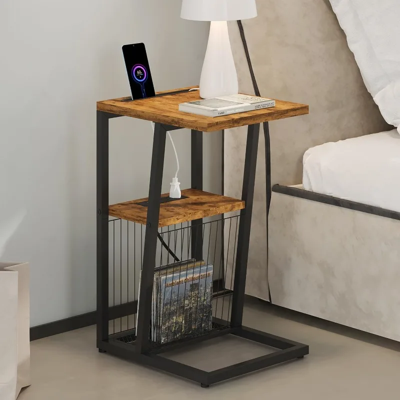 C Shaped Nightstand End Table with Charging Station and Phone Holder,2 USB Ports and Power Outlets, Snack Sofa Couch Tables