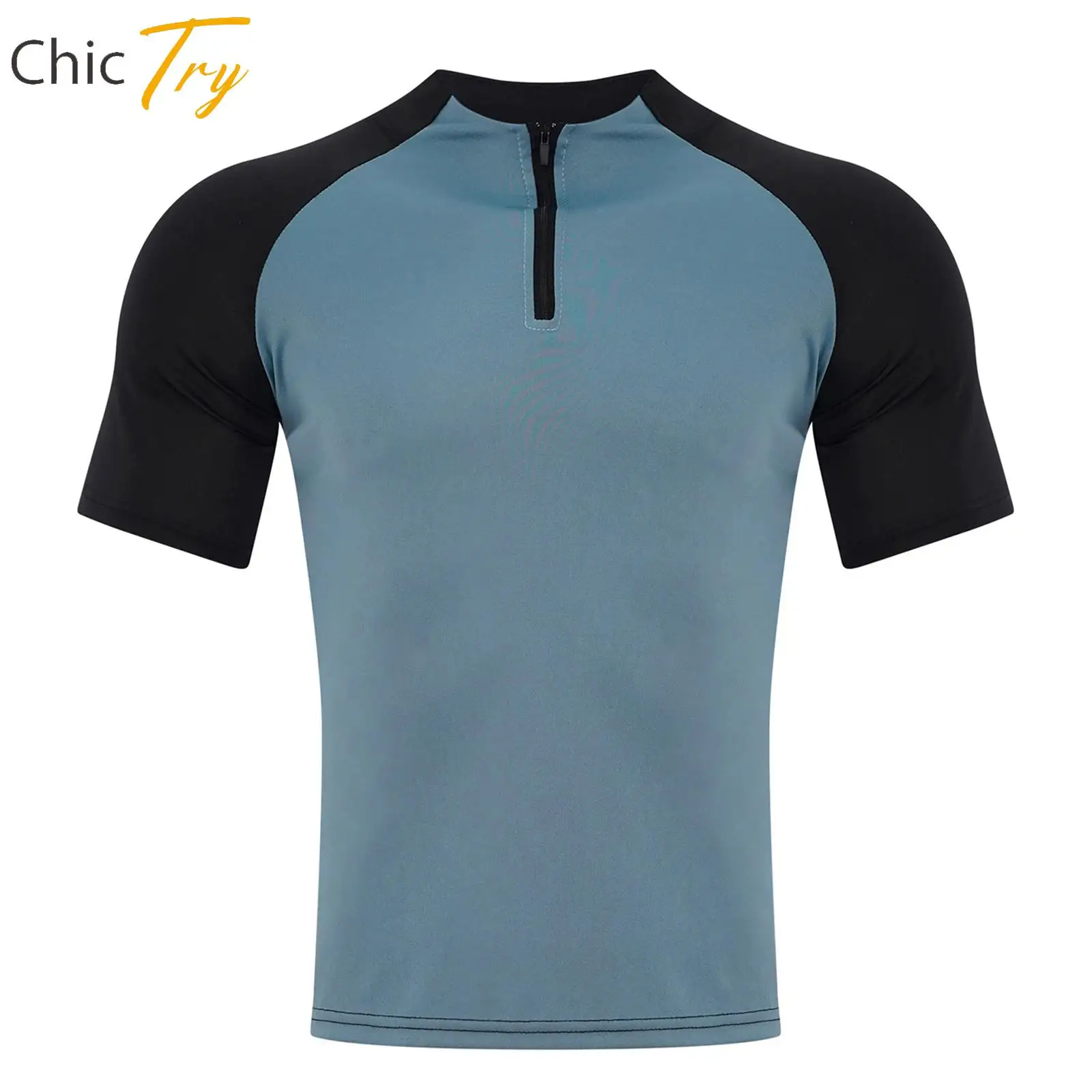 Men Quick-Drying Breathable Athletic Sports Top Zipper Crew Neck Short Sleeve T-shirt for Yoga Fitness Running Casual Daily Wear