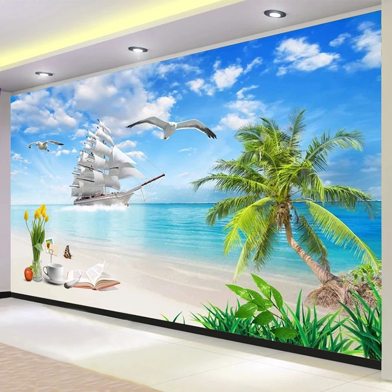 Papier peint Mural 3D avec Photo sur mesure, affiche de plage, voilier, cocotier, paysage marin, salon, chambre à coucher, Restaurant