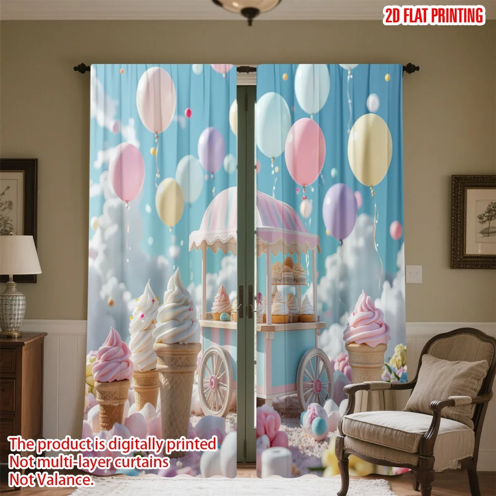 

2D flat printing 2pcs Curtains Birthday Ice Cream Fantasy Digital Printed Polyester Drapes Festive Holiday for Indoor
