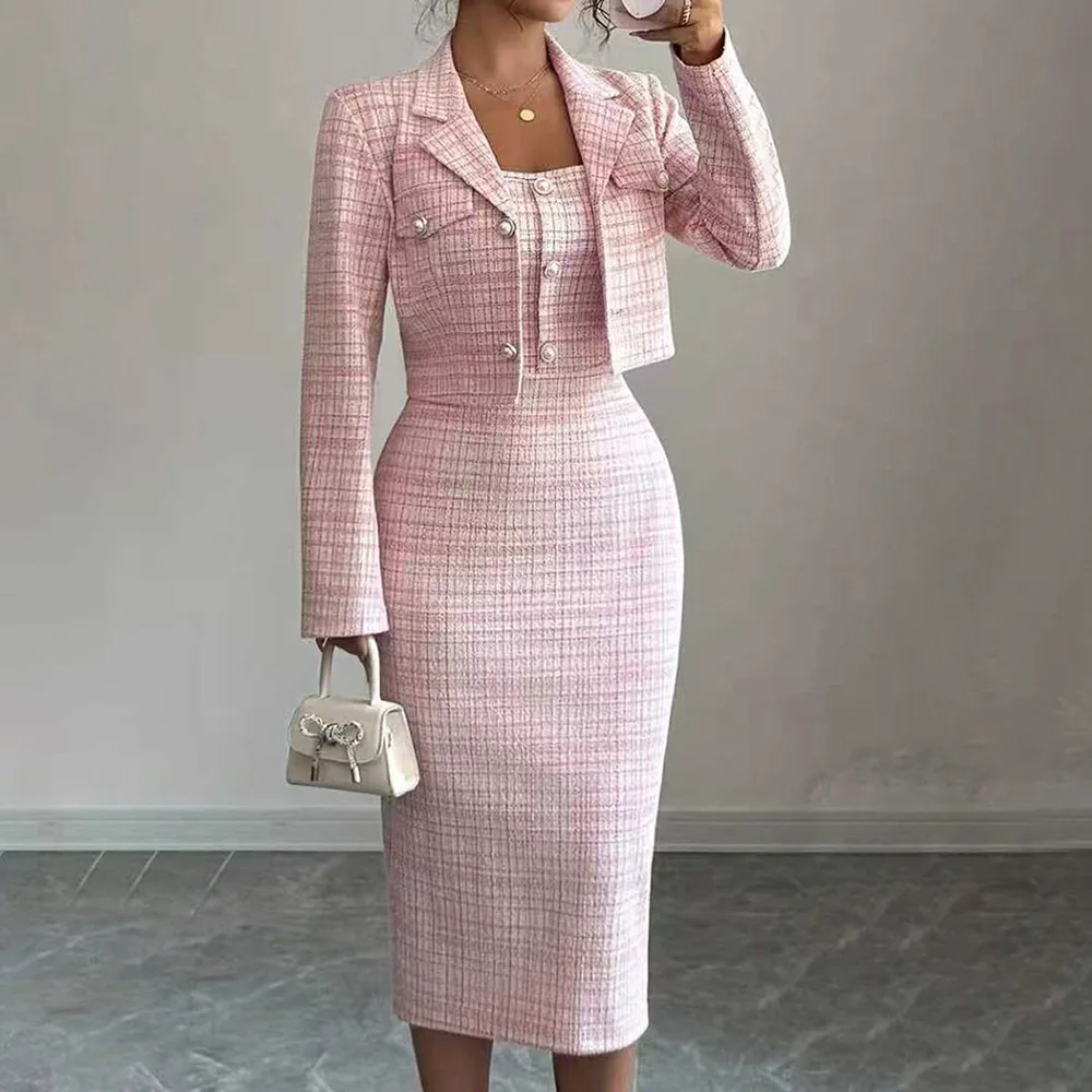 ladies coat and dress sets Tcremisa Womens Dress Suit 2 Piece Business Outfits Notched Lapel Long Sleeve Blazer Jacket and Tank Bodycon Dress Set Black at Amazon Women's Clothing store
