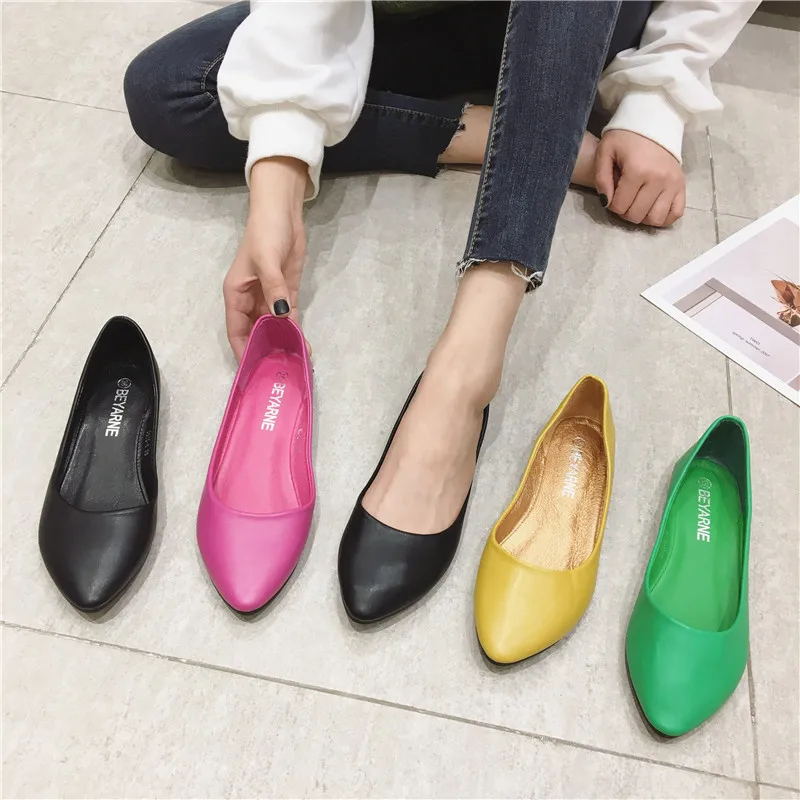 2023 Women\'s Shoes Leather Soft Sole Candy Shallow Mouth Single Shoes Flat Heel  Shoes Slip on Plus Size Mature Zapatos De Mujer