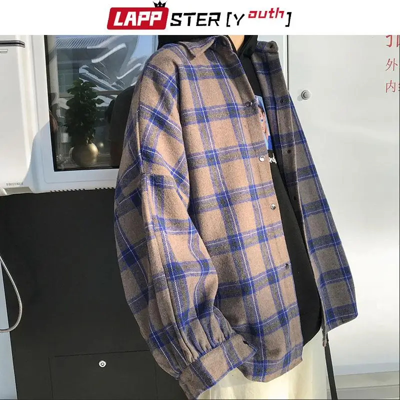 LAPPSTER -Youth Y2k Oversized Harajuku Vintage Plaid Shirt 2023 Cotton Streetwear Korean Shirts Long Sleeve Japanese Blouses