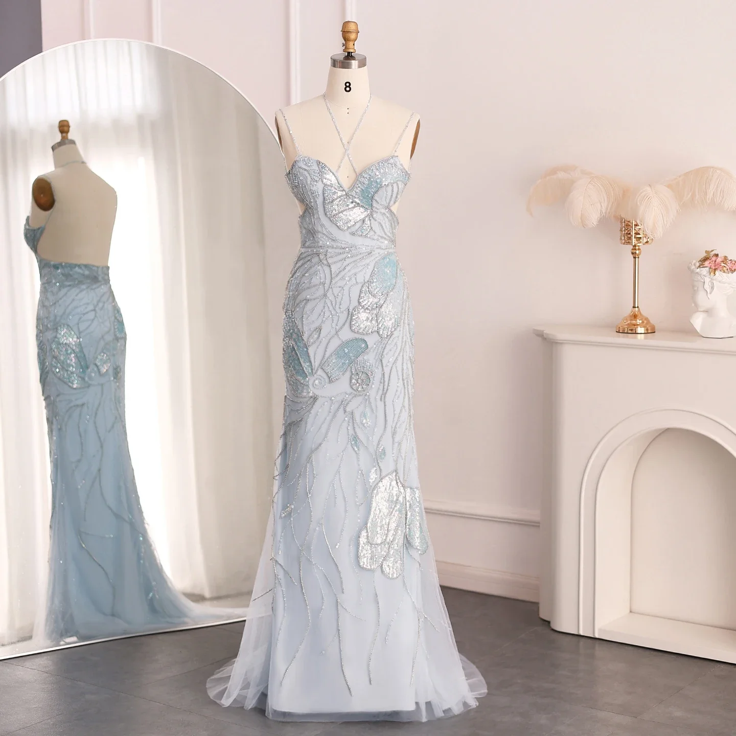 Sharon Said Luxury Mermaid Pink Evening Dresses with Feathers Scarf Spaghetti Dubai Blue Wedding Prom Gowns SS478 Customized