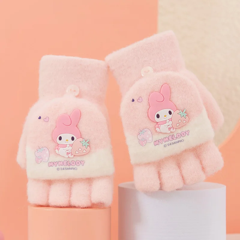 Sanrio guantes de medio dedo para niños, cubierta abatible de otoño e invierno, guantes cálidos para bebés de 7 a 12 años, guantes escolares para niños y niñas