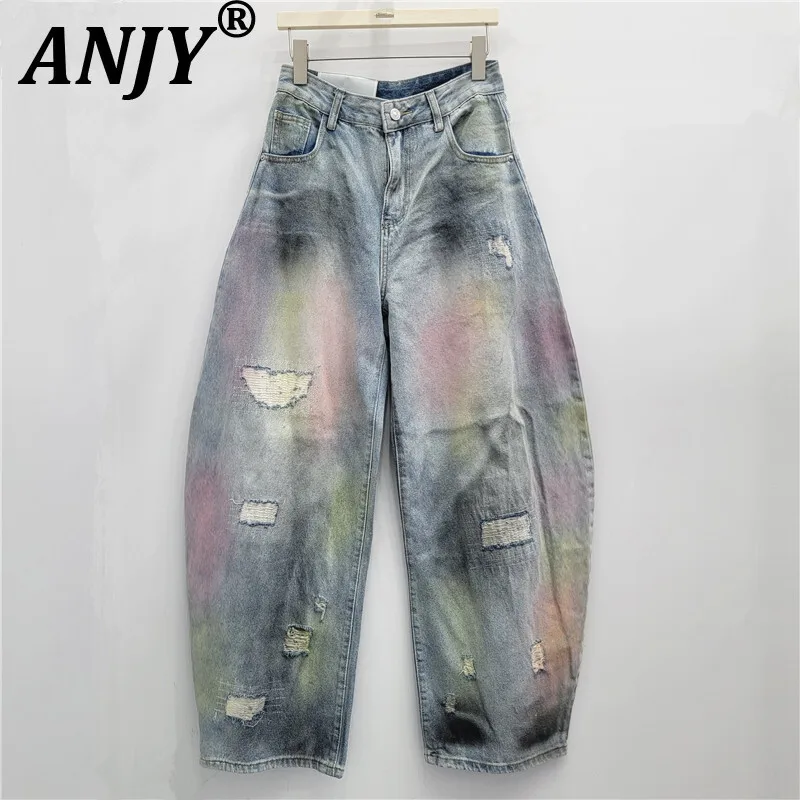 

ANJY Autumn Winter New Women American Street Style Washed Vintage Tie-Dye Jeans Fashion Loose Ripped Wide-Leg Denim Pants A16379