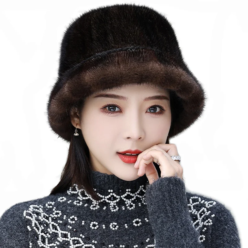 

Women Mink Fur Hat Ear Protection Fisherman Hats Outdoor Bucket Plush Lack-up Panama Hat Thickened Solid Color Warm Real Fur Cap