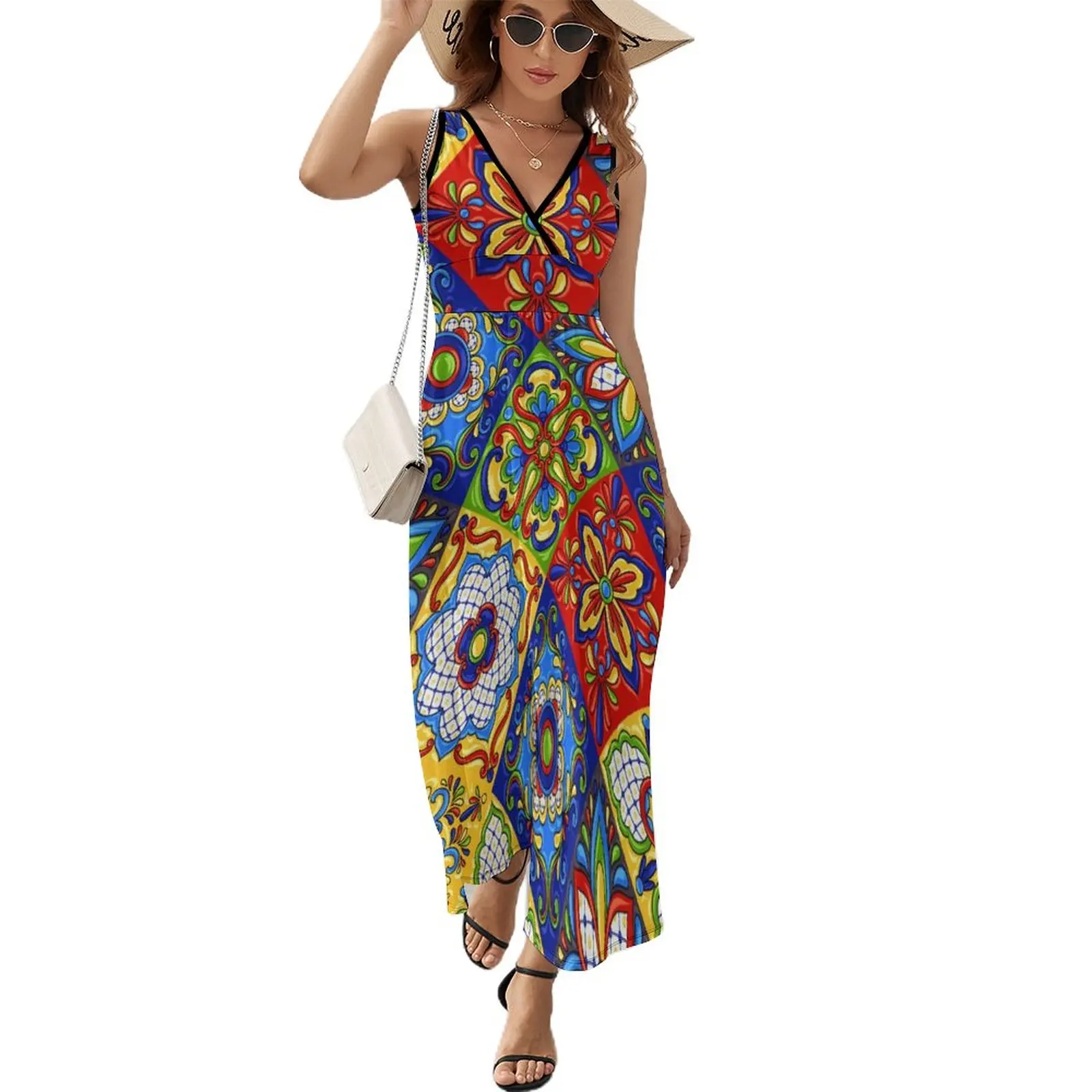 

Colorful Talavera Mexican Tiles Pattern (34) Dress Vintage Maxi Dress Street Style Bohemia Long Dresses Sleeveless Graphic Overs