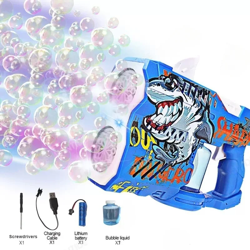 O popular brinquedo americano, a versão Glowing Shark da pistola de bolhas de cano duplo com um focinho de bolhas brilhante, é adequado para
