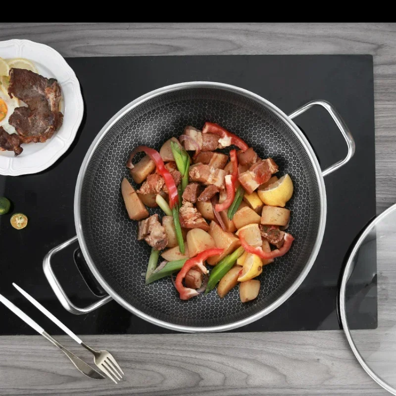 304 Stainless Steel Non Stick Wok Pan 32cm Frying Pan Food Grade Honeycomb Pot Bottom Induction Cooker Gas Stove General Durable