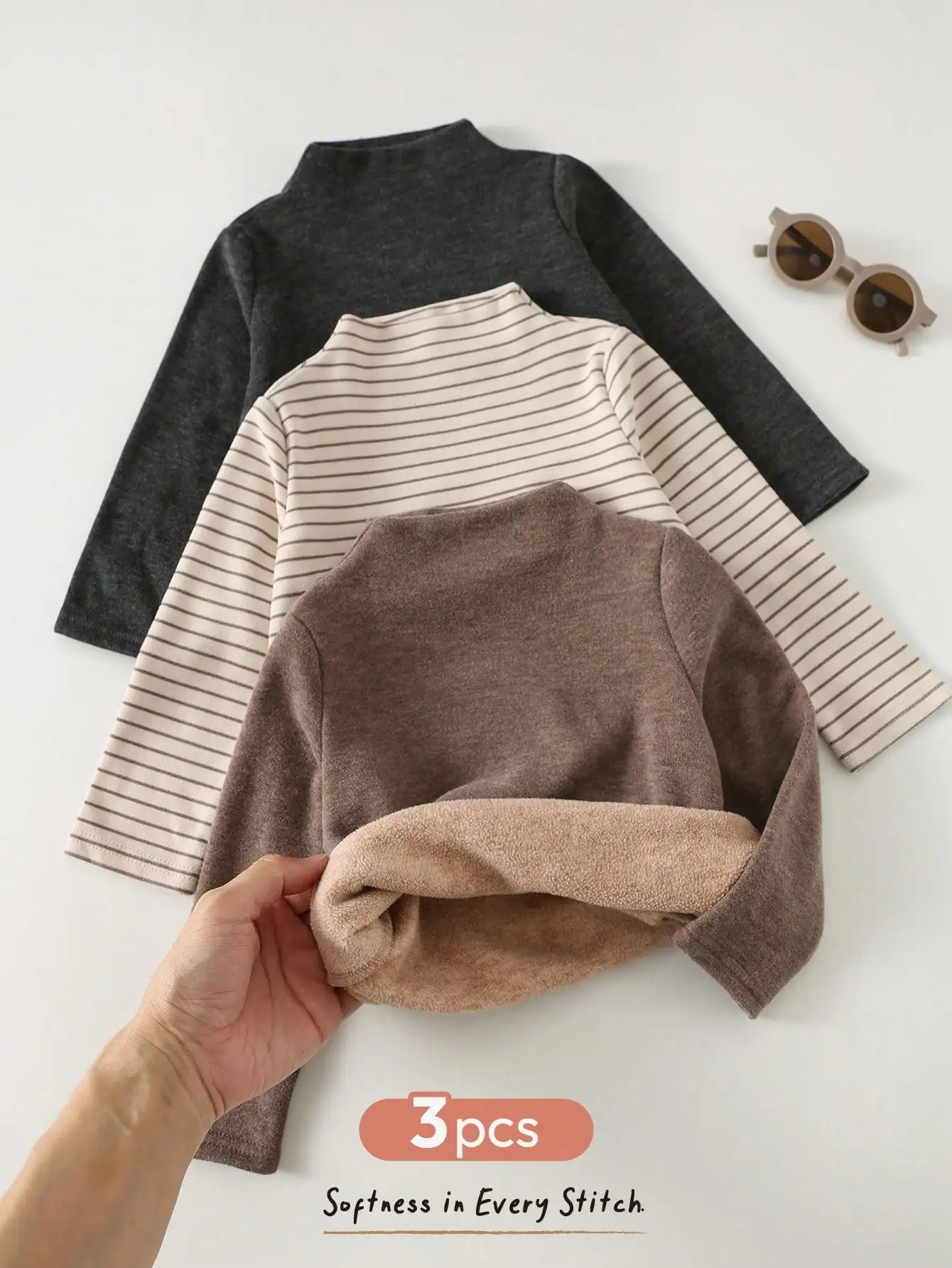 Cozy Pixies Kids Young Boy Solid Color Striped Knit Soft Round Neck Long Sleeve - Neck Top 3pcs -Piece Set Versatile Comfortable Suitable For Autumn/Winter