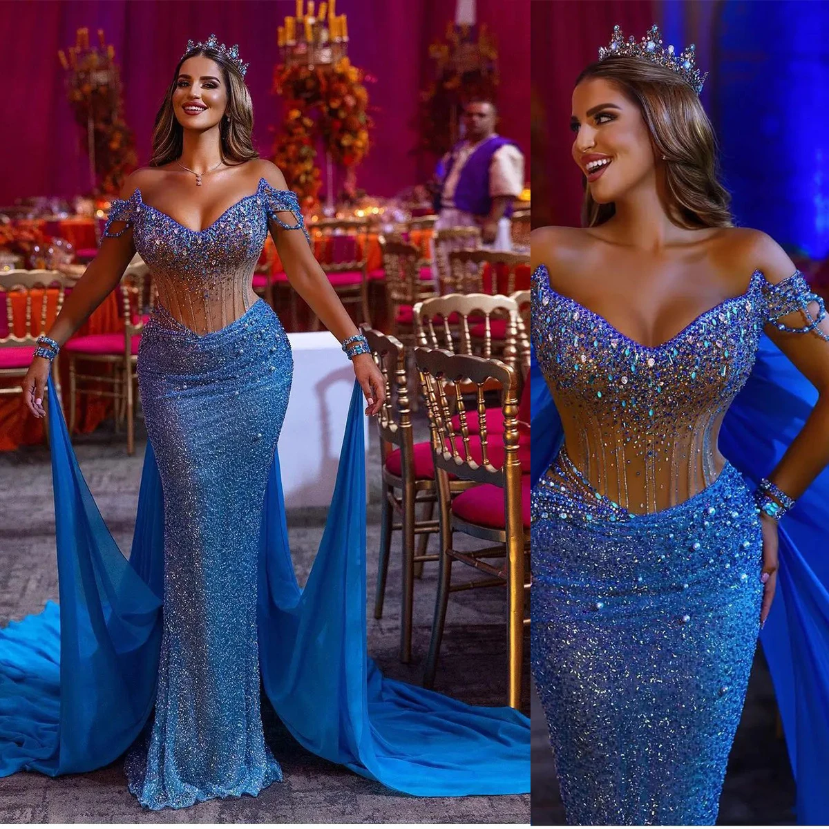 

Sexy Blue African Evening Dresses Off The Shoulder Crystal Arabic Aso Ebi Sequined Pearls Party Occasion Gown