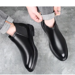 Men Chelsea Boots Pointed Toe Casual Business Leather Shoes Autumn Winter Mens Slip-on High Top Leather Booties Zapatos Hombre