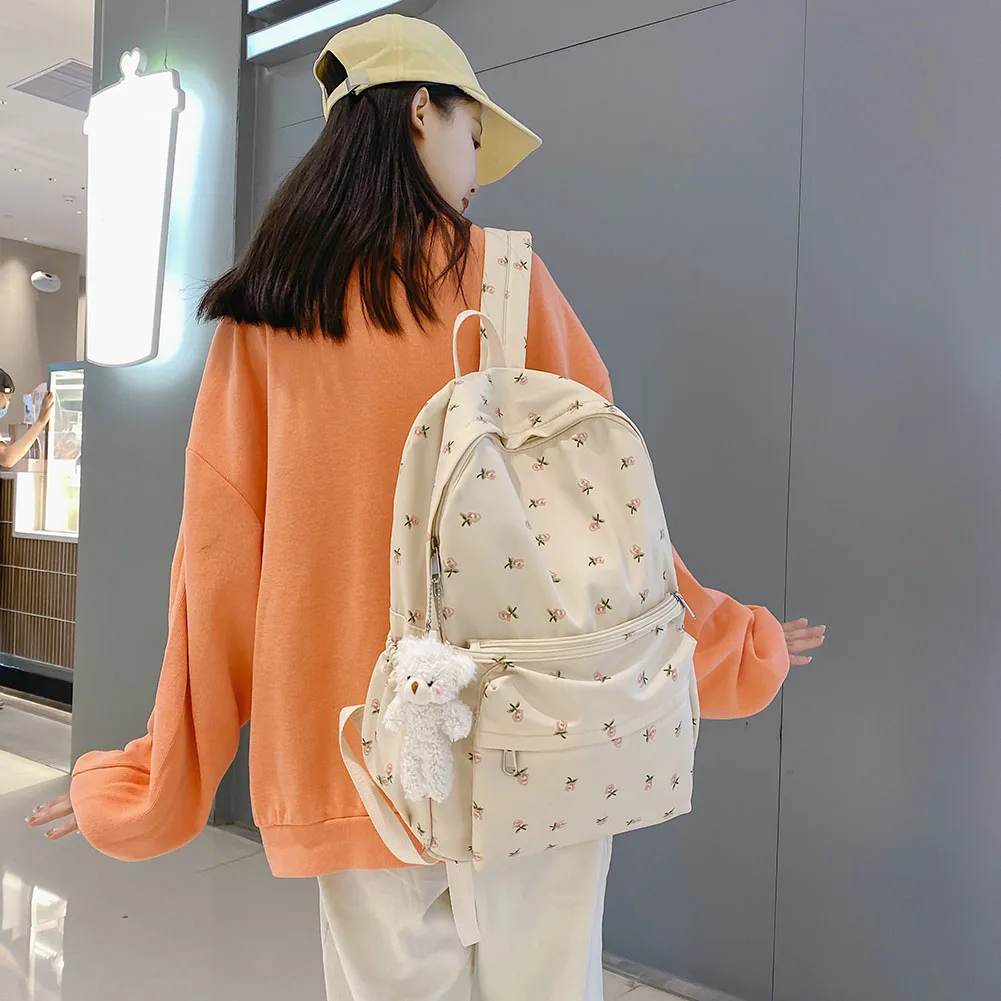Mochila com estampas florais com pingente, mochila universitária para meninas, mochila escolar de grande capacidade, mochila estética para computador