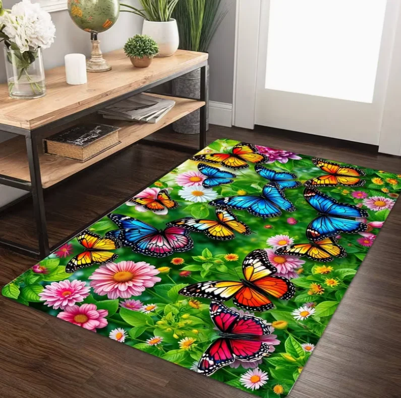 Spring Floral Butterfly Themed Doormat, Featuring Vibrant Butterflies And Daisy Prints Flannel Mat a Non-Slip Design Carpets