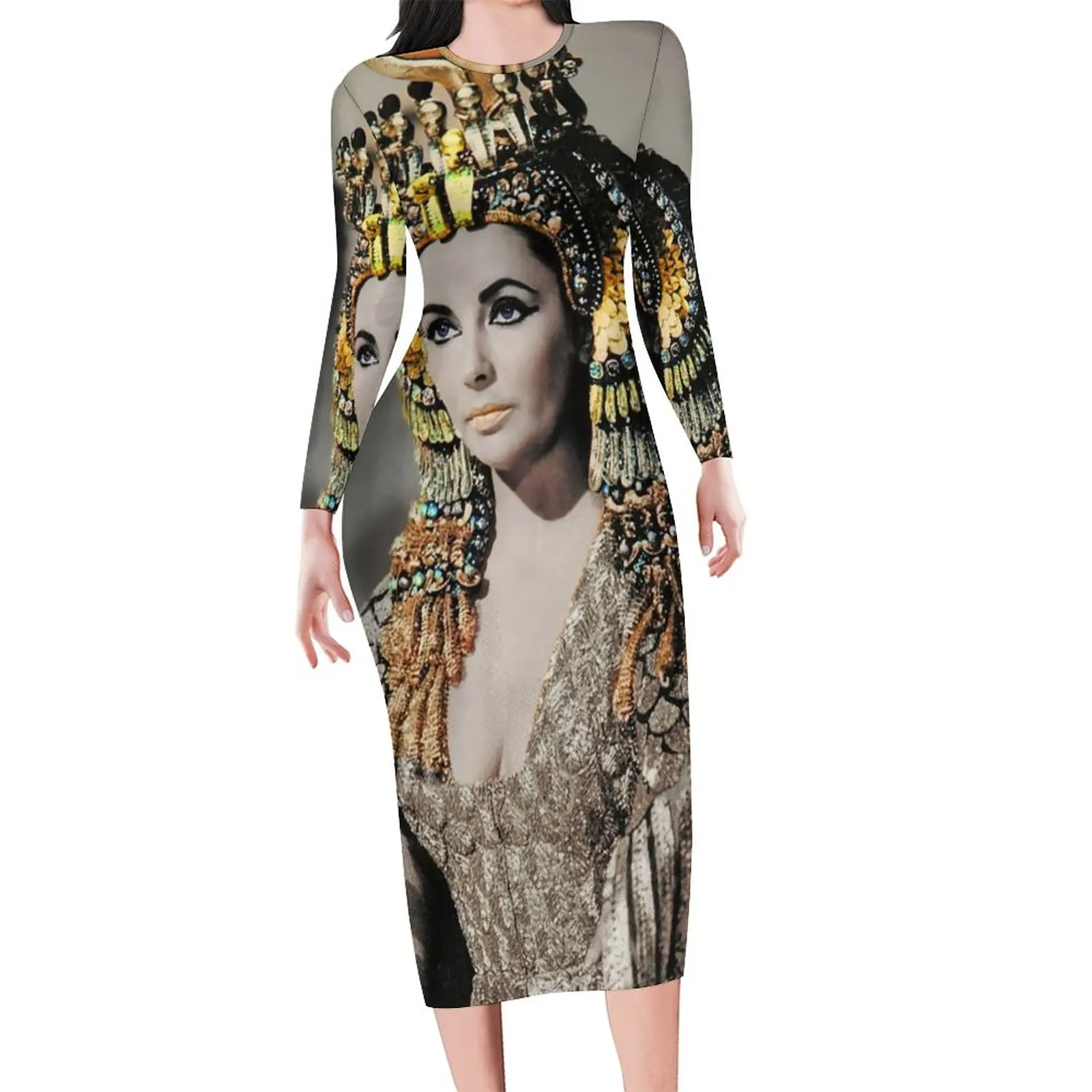 Egypt Queen Bodycon Dress Female Elizabeth Taylor Cute Dresses Spring Long Sleeve Street Wear Custom Dress Big Size