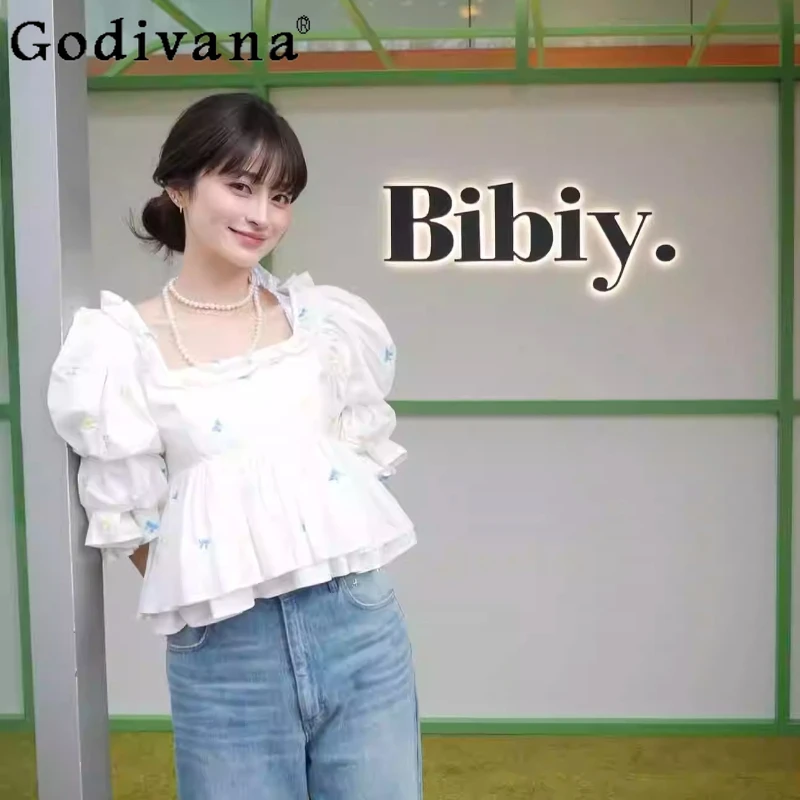 

Japanese Style Fashion Sweet Shirt for Women Girls Slim-Fit Puff Sleeve Embroidered Blouse Lady Daily Casual Tops Blusa Mujer