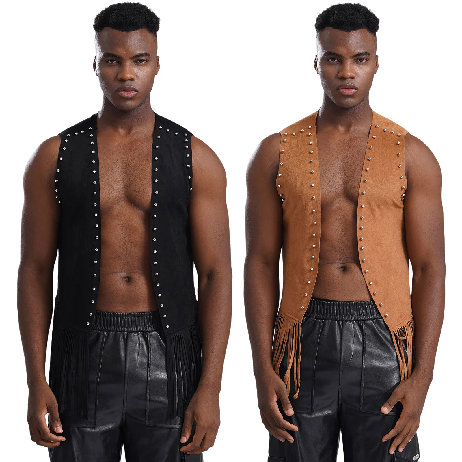 

Mens Cowboy Cosplay Costume Loose Fringe Waistcoat Faux Suede Rivets Sleeveless Vest Tassel Jacket Halloween Party Coat Dress Up